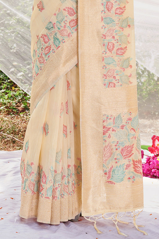 Cream Cotton Saree With Blouse Piece