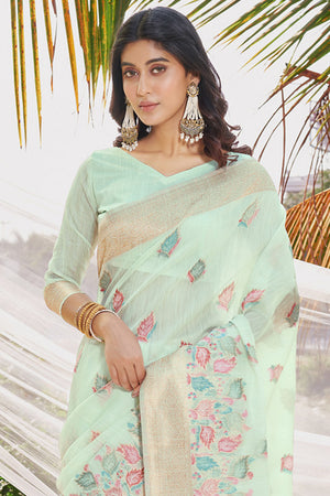 Sea Green Cotton Saree With Blouse Piece