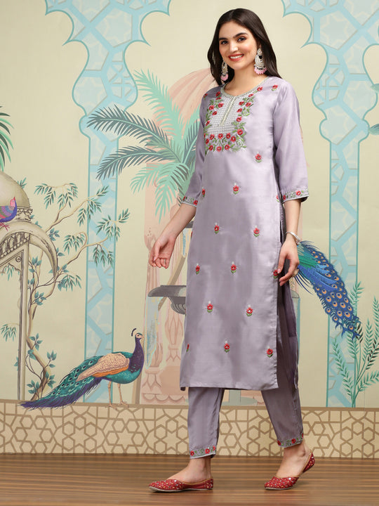 Floral Embroidered Thread Work Silk Chiffon Straight Kurta with Trousers & Dupatta