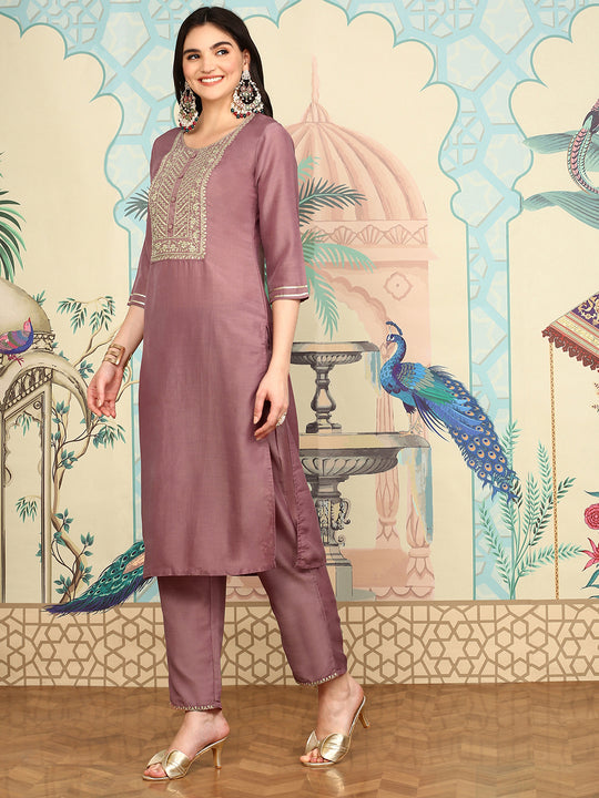 Floral Embroidered Sequinned Straight Kurta With Trousers & Dupatta