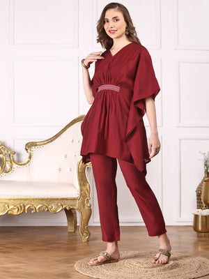 Maroon Kimono Sleeve Asymmetric Kaftan Kurti with Trousers