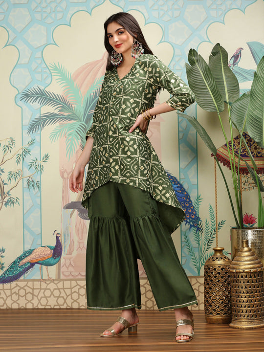 Geometric Printed V-Neck A-Line Kurta with Sharara