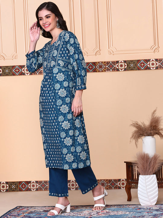 Floral Printed Round Neck Three-Quarter Sleeves Cotton Kurta with Trousers & Dupatta