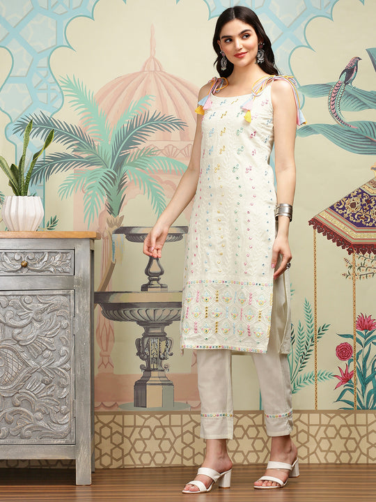 Off White Floral Embroidered Mirror Work Cotton Straight Kurta With Trousers & Dupatta