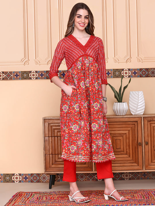 V-Neck Floral Printed Empire Pure Cotton A-Line Kurta with Trousers & Dupatta