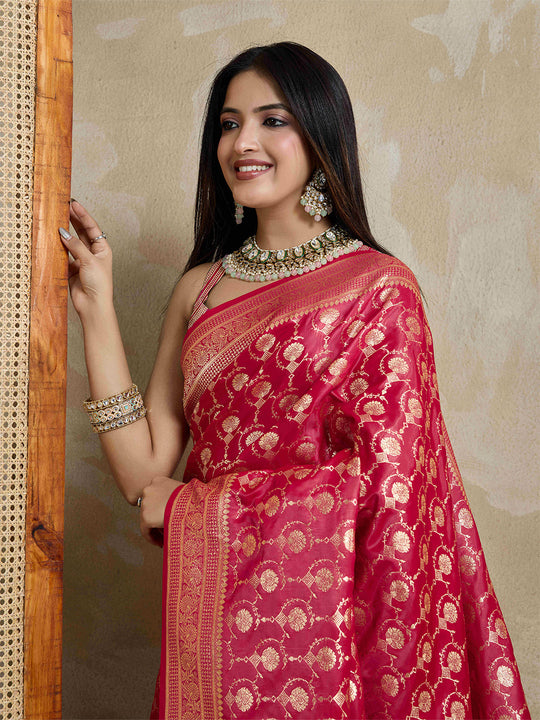 Rosepink Pure Satin Banarasi Saree With Tassels Saree With Blouse Piece