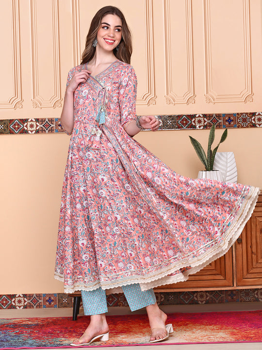 V-Neck Floral Printed Angrakha Pure Cotton Anarkali Kurta with Trousers & Dupatta