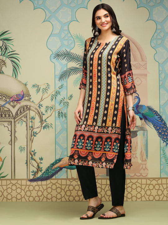 Black Floral Printed Regular Straight Kurta With Trousers & Dupatta