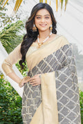 Grey Cotton Thread Work Saree With Blouse Piece