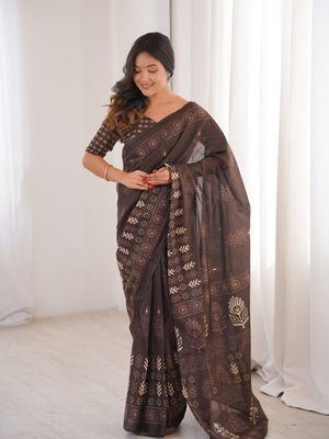 Soft Pure Cotton Hand Bagru Print Sarees With Blouse Pice