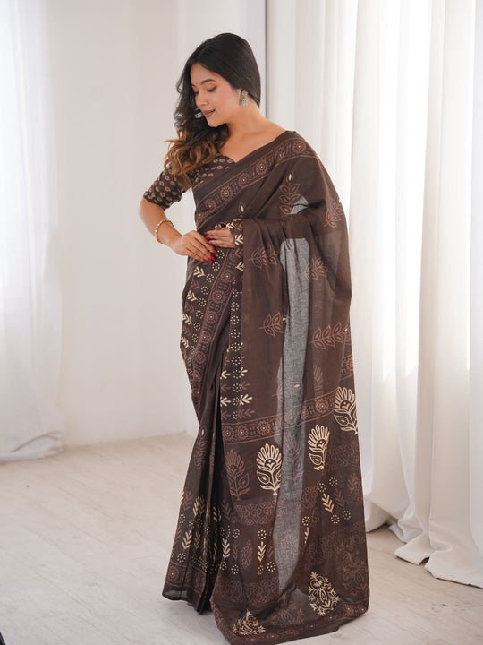 Soft Pure Cotton Hand Bagru Print Sarees With Blouse Pice
