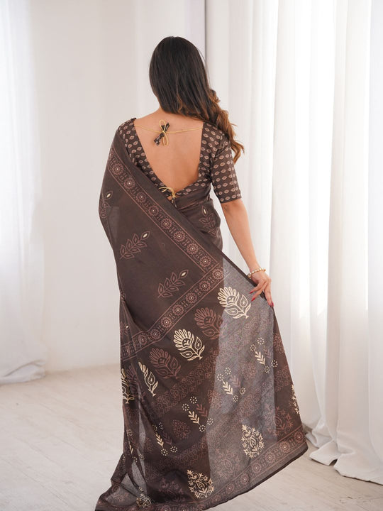 Soft Pure Cotton Hand Bagru Print Sarees With Blouse Pice