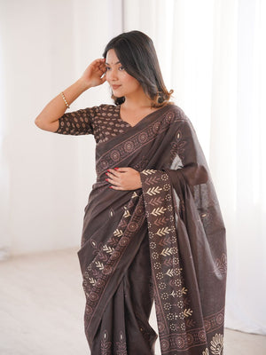 Soft Pure Cotton Hand Bagru Print Sarees With Blouse Pice