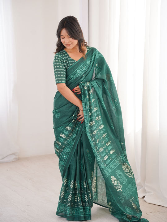 Soft Pure Cotton Hand Bagru Print Sarees With Blouse Pice
