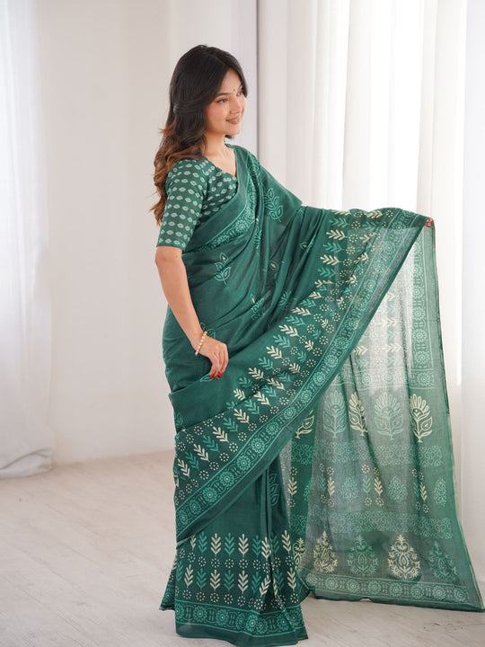 Soft Pure Cotton Hand Bagru Print Sarees With Blouse Pice