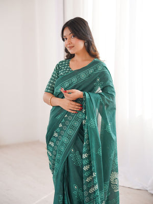 Soft Pure Cotton Hand Bagru Print Sarees With Blouse Pice