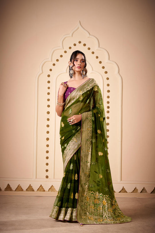 Jimmy Chu Woven Design Butta Work Weaving Handloom Saree With Blouse Piece