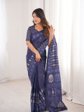 Soft Pure Cotton Hand Bagru Print Sarees With Blouse Pice