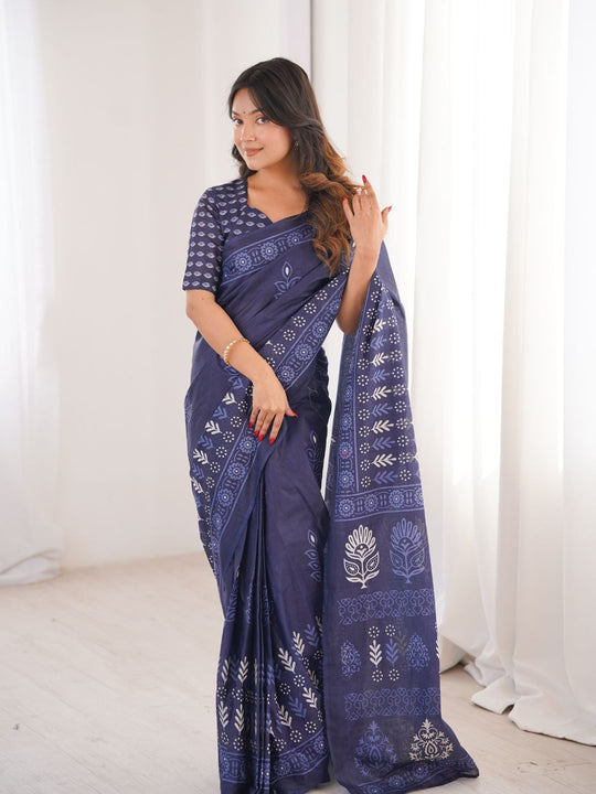Soft Pure Cotton Hand Bagru Print Sarees With Blouse Pice