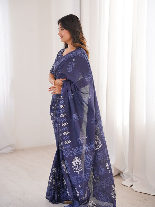 Soft Pure Cotton Hand Bagru Print Sarees With Blouse Pice
