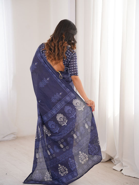 Soft Pure Cotton Hand Bagru Print Sarees With Blouse Pice