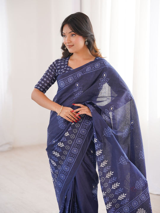 Soft Pure Cotton Hand Bagru Print Sarees With Blouse Pice