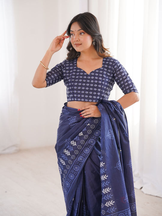 Soft Pure Cotton Hand Bagru Print Sarees With Blouse Pice