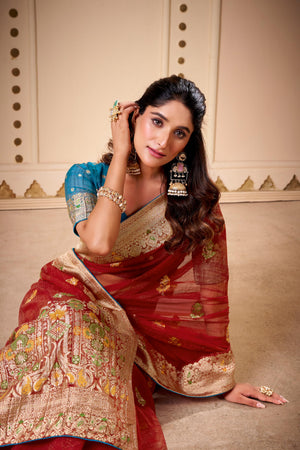 Jimmy Chu Woven Design Butta Work Weaving Handloom Saree With Blouse Piece