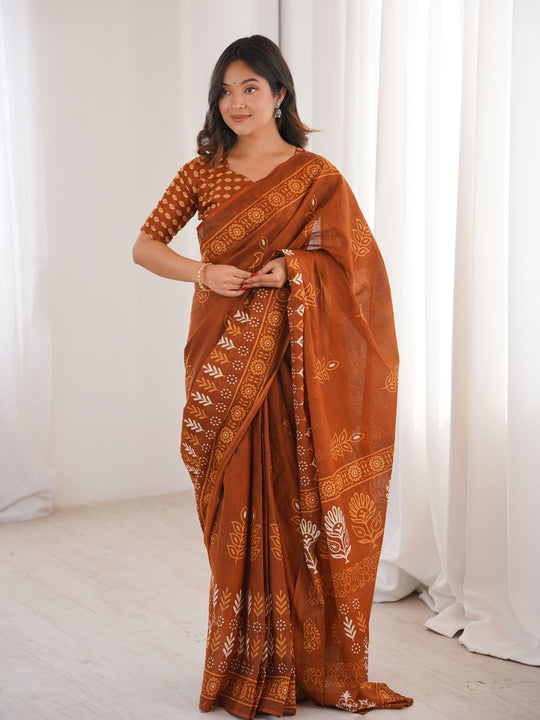 Soft Pure Cotton Hand Bagru Print Sarees With Blouse Pice