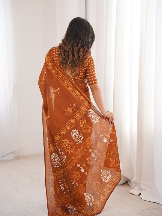 Soft Pure Cotton Hand Bagru Print Sarees With Blouse Pice