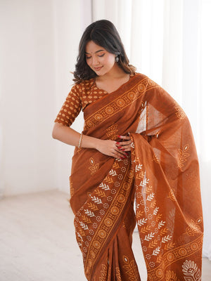 Soft Pure Cotton Hand Bagru Print Sarees With Blouse Pice
