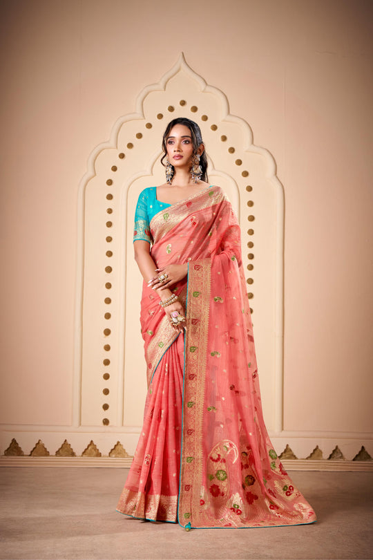 Jimmy Chu Woven Design Butta Work Weaving Handloom Saree With Blouse Piece
