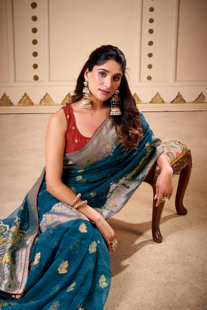 Jimmy Chu Woven Design Butta Work Weaving Handloom Saree With Blouse Piece