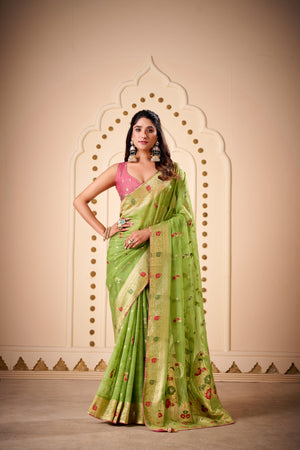 Jimmy Chu Woven Design Butta Work Weaving Handloom Saree With Blouse Piece