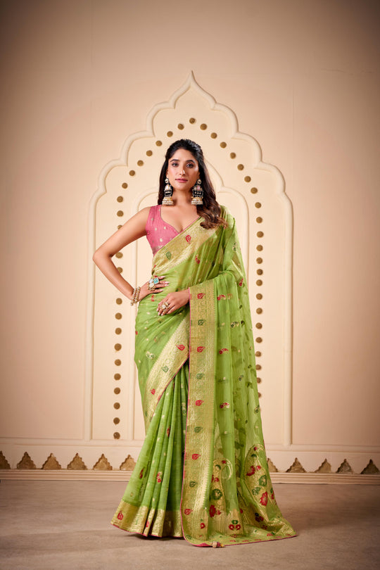 Jimmy Chu Woven Design Butta Work Weaving Handloom Saree With Blouse Piece