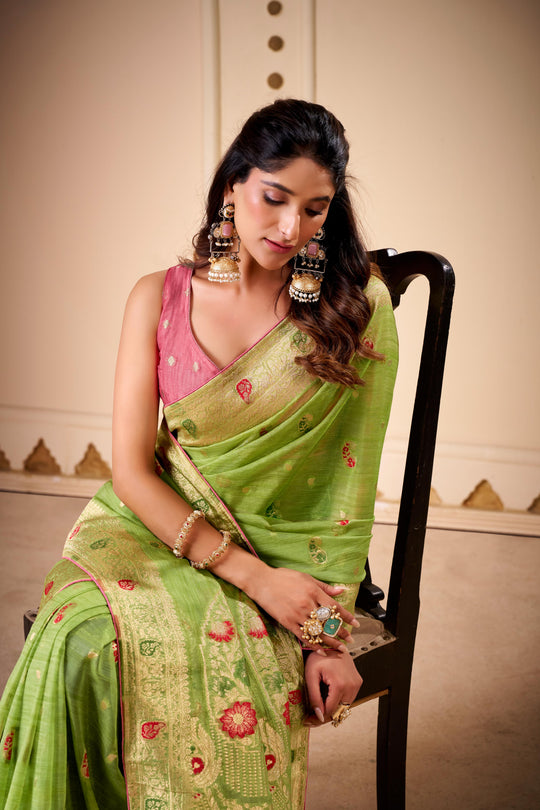 Jimmy Chu Woven Design Butta Work Weaving Handloom Saree With Blouse Piece