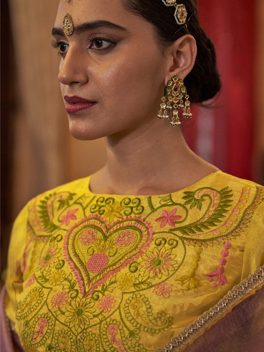 Gold Tissue Fabric With Multi Thread Embroidery Work And Lace Border Details.
