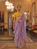 Gold Tissue Fabric With Multi Thread Embroidery Work And Lace Border Details.
