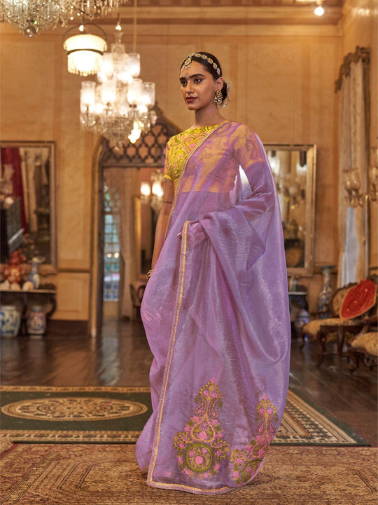 Gold Tissue Fabric With Multi Thread Embroidery Work And Lace Border Details.