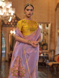 Gold Tissue Fabric With Multi Thread Embroidery Work And Lace Border Details.