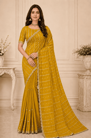 Mustard Embroidered Saree With Blouse Piece