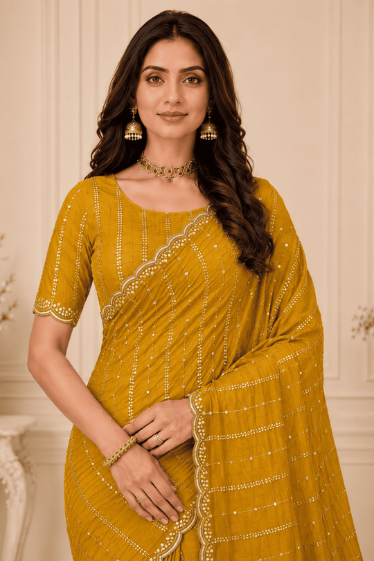 Mustard Embroidered Saree With Blouse Piece