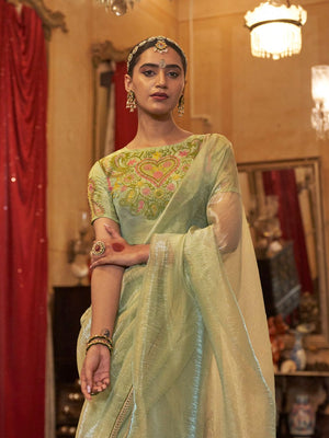 Gold Tissue Fabric With Multi Thread Embroidery Work And Lace Border Details.
