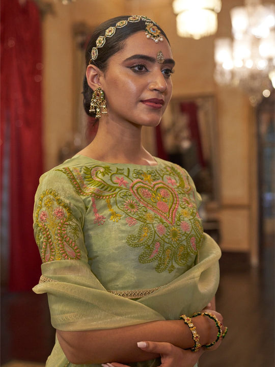 Gold Tissue Fabric With Multi Thread Embroidery Work And Lace Border Details.