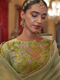 Gold Tissue Fabric With Multi Thread Embroidery Work And Lace Border Details.