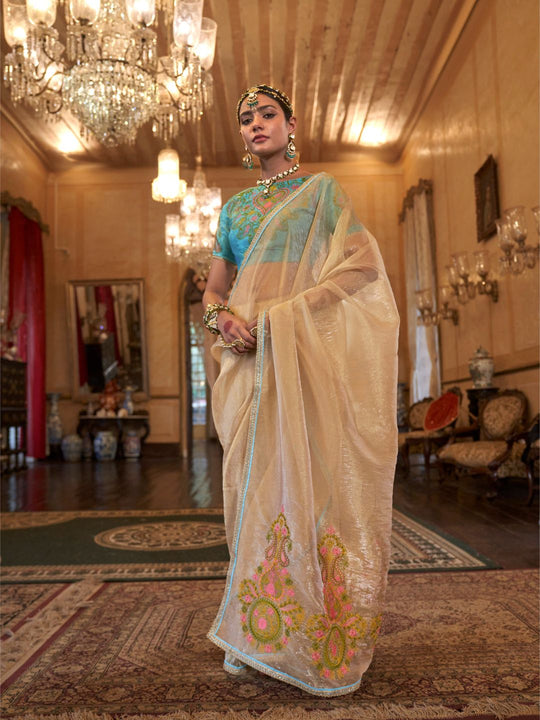 Gold Tissue Fabric With Multi Thread Embroidery Work And Lace Border Details.