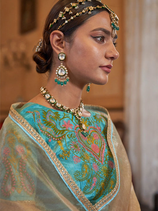 Gold Tissue Fabric With Multi Thread Embroidery Work And Lace Border Details.