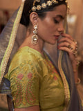 Gold Tissue Fabric With Multi Thread Embroidery Work And Lace Border Details.
