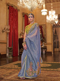 Gold Tissue Fabric With Multi Thread Embroidery Work And Lace Border Details.