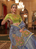 Gold Tissue Fabric With Multi Thread Embroidery Work And Lace Border Details.